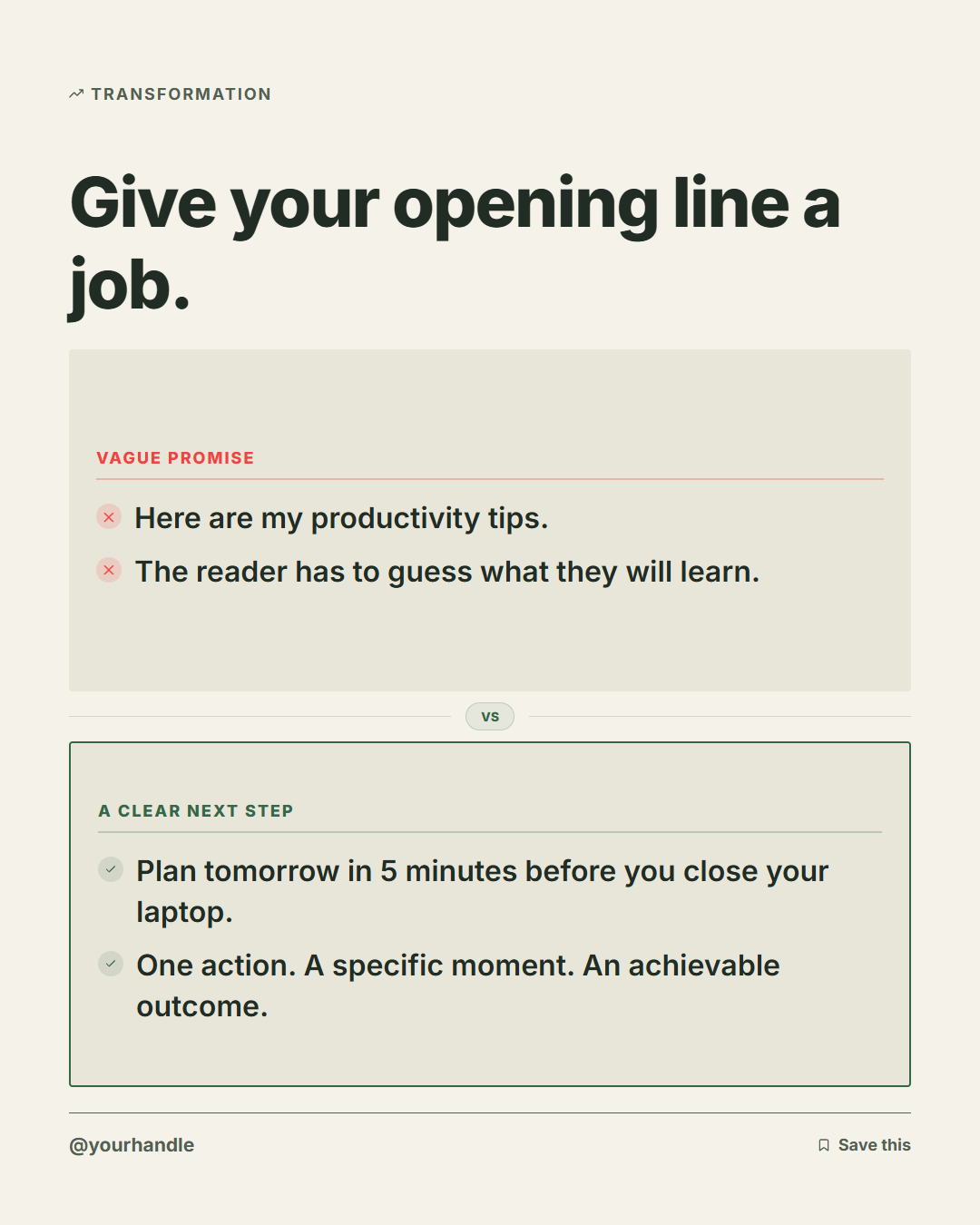 Before and after example of improving a post opening line